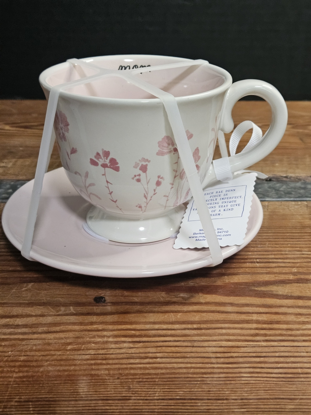 Rae Dunn Floral Pink Ceramic Teacup and Saucer Set